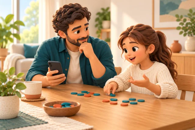 Rendered illustration of a parent guiding a maths conversation while a younger child arranges counters.